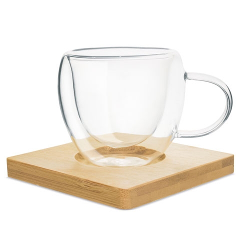 Set de Café con 2 Tazas de Cristal y Posavasos de Bambú - Imagen 2