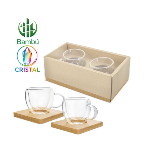 Set de Café con 2 Tazas de Cristal y Posavasos de Bambú